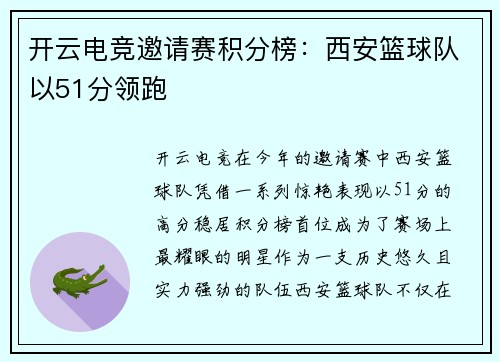 开云电竞邀请赛积分榜：西安篮球队以51分领跑
