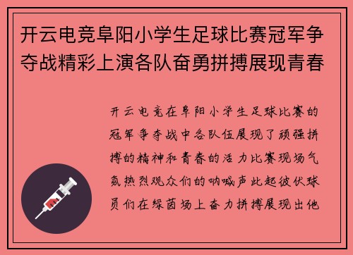 开云电竞阜阳小学生足球比赛冠军争夺战精彩上演各队奋勇拼搏展现青春风采
